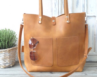 LARGE LEATHER SHOULDER bag cognac brown - large shoulder bag women, large leather work bag, large leather shopping bag, Enie fp - cognac!