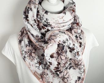 Ampia sciarpa in mussola con motivo floreale rosa e marrone, ideale per la primavera, calda sciarpa in cotone, scialle rosa in cotone, 1,30 x 1,30 metri!
