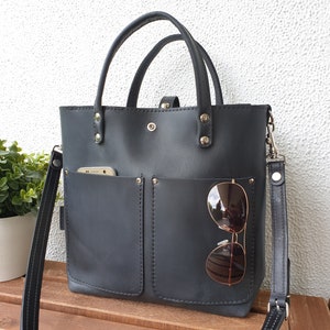 Zwart lederen handtas dames, zwart lederen schoudertas dames, kleine lederen tote tas met opties, lederen tas Crossbody, Lenie afbeelding 4