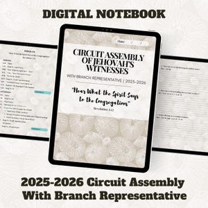 Puede incluir: Cuaderno digital con el texto "Circuit Assembly of Jehovah's Witnesses 2025-2026" y "Hear What the Spirit Says to the Congregations." El diseño incluye un patrón floral y se muestra en una tableta.