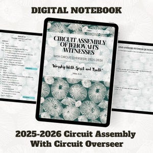 Puede incluir: Cuaderno digital que muestra el texto "Circuit Assembly of Jehovah's Witnesses" con el tema "Worship With Spirit and Truth". El diseño presenta un patrón floral y los años 2025-2026.