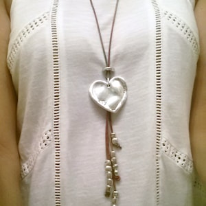 Long Leather Heart Necklace,Pendant Boho Necklace ,Silver Plated Beads Zamak Button Clasp