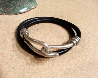 Leather Wrap Bracelet, Silver Plated Hook, Handmade Zamak Connector