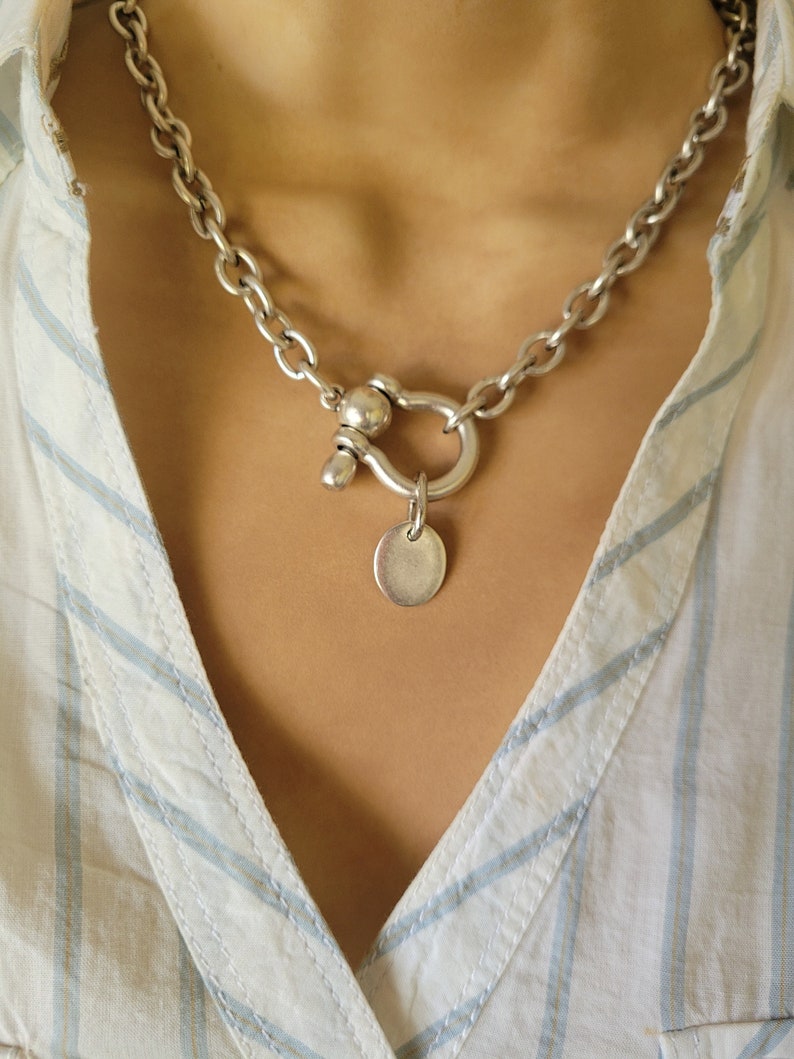 Chain Silver Chunky Necklace Horseshoe,Boho Necklace,Uno de 50 Style Necklace,Chunky Chain Choker,Chunky Necklace Women Gift image 4