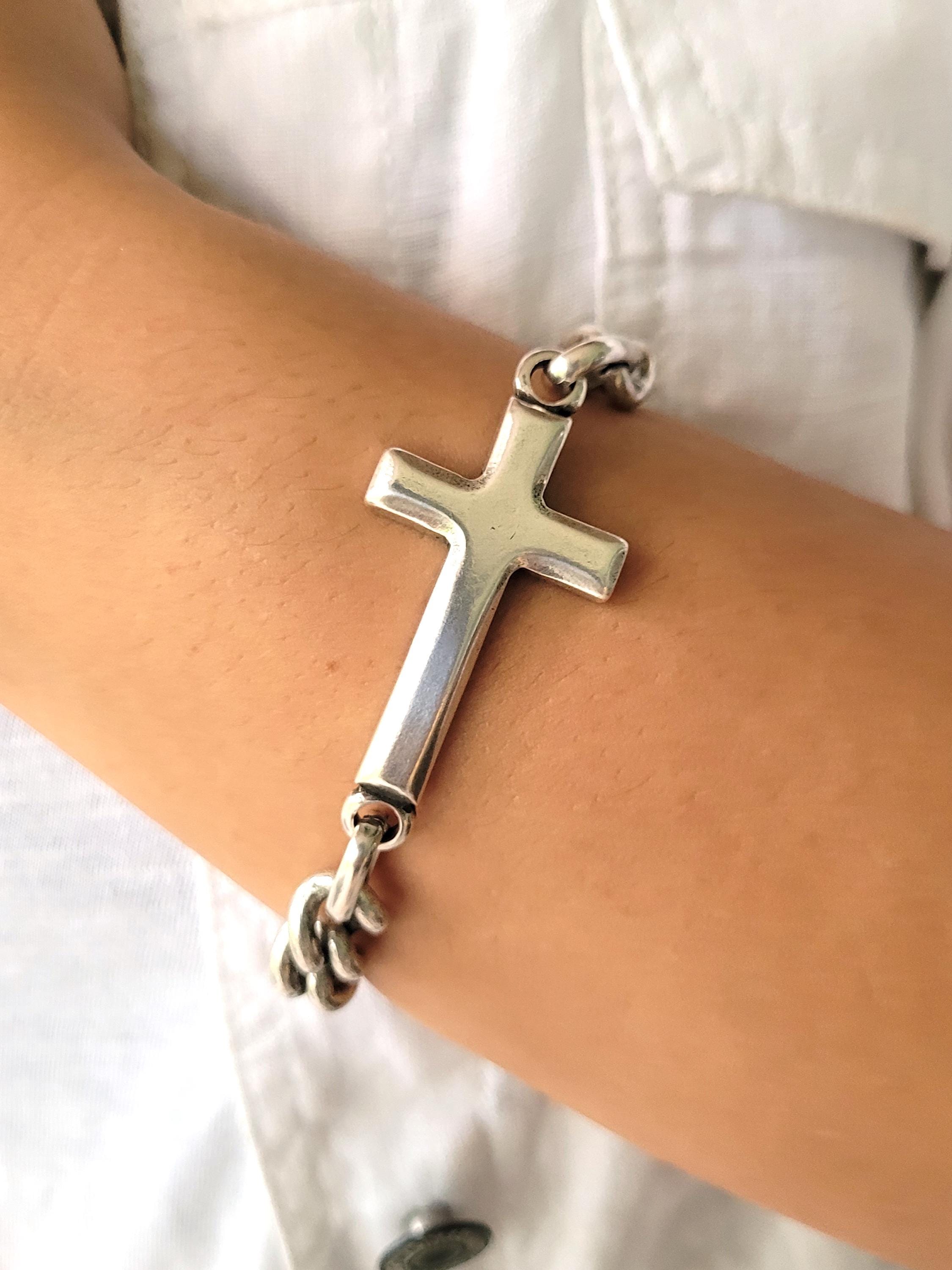 アクセサリー Vintage 50s Silver Chain Cross Bracelet Silver Chunky Cross Bracelet Matte Silver Chain Bracelet,sterling