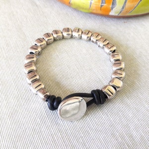 Bracelet Beads Leather Bracelet, Boho Bracelet, Women Beaded Bracelet Leather Silver Plated