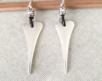 Leather Heart Earrings, Sterling Silver, Boho Minimalist Earrings