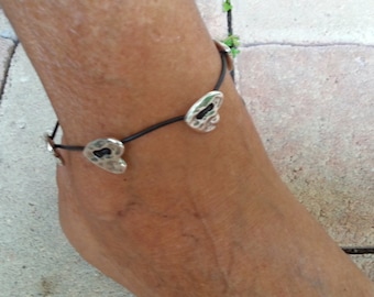Leather Anklet with Silver Heart Beads and Clasp