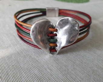 Boho Leather Wrap Bracelet, Zamak Heart, Magnetic Clasp
