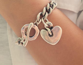 Silver Chunky Bracelet Chain Bracelet Sterling Silver Plated Chain Pendant Uno de 50 Style Bracelet Boho Bracelet Toggle Bracelet