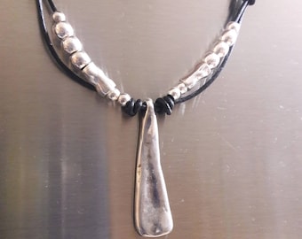 Leather Pendant Necklace, Sterling Silver Plated, Boho Tribal Jewelry