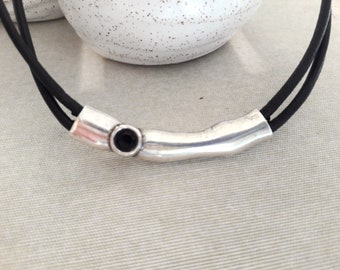 Leather Necklace, Silver Plated Clasp, Swarovski Crystal