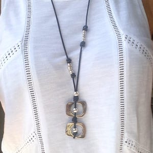 Long Leather Necklace, Pendants  Silver Plated Beads Necklace, Necklace Button Clasp