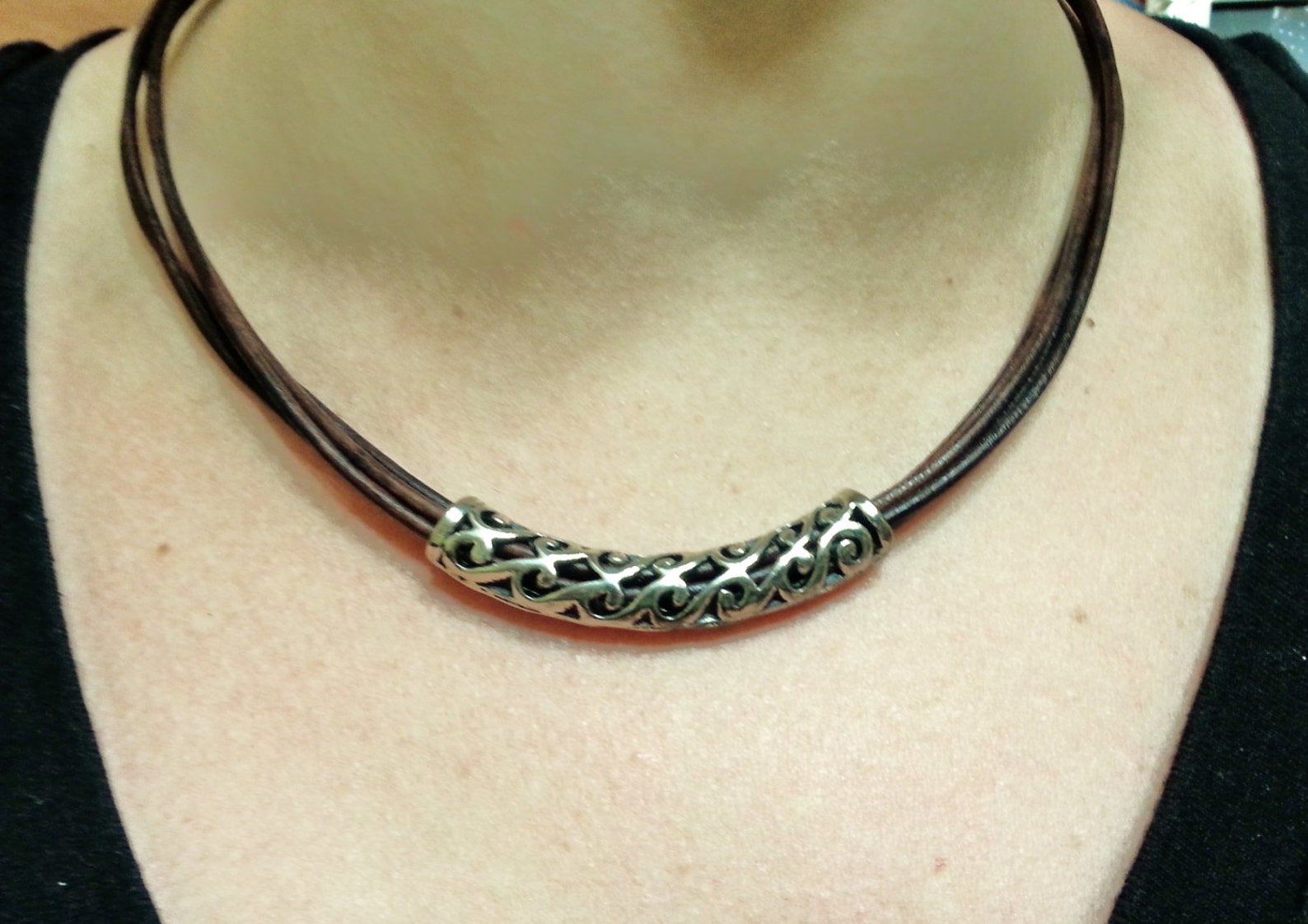 Women Leather Necklace Silver Plated Pendant and Clasp Uno Etsy