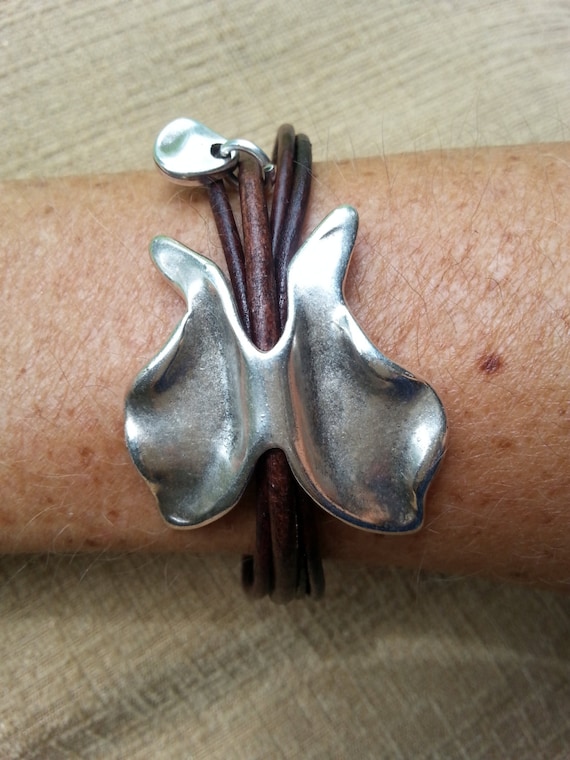 Leather Butterfly Bracelet, Sterling Silver Plated Clasp, Boho Chic