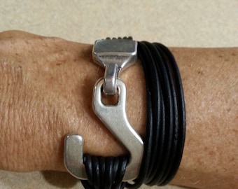 Leather Wrap Bracelet, Sterling Silver Zamak Hook Clasp, Black Leather