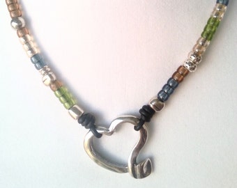 Black Leather Heart Necklace, Zamak Pendant, Silver Glass Beads
