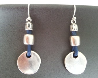 Blue Leather Earrings, Sterling Silver Hook, Boho Tribal Style