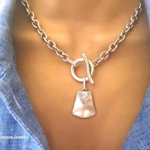 Chain Necklace,Chunky Silver Toggle Clasp Pendant, Silver Necklace Pendant Chain Choker,Boho Necklace,Women Gift