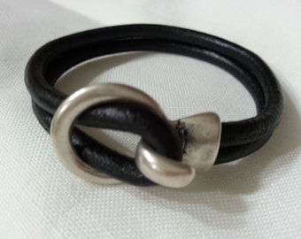 Black Leather Bracelet, Sterling Silver Zamak Hook Clasp