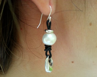 Leather Earrings Sterling Silver, Pearl and Drop Zamak Silver Plated, Sterling Silver French Style Ear Wires