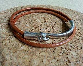 Cognac Leather Bracelet, Sterling Silver Plated Hook, Double Wrap