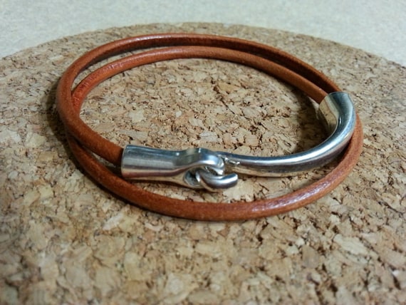 Cognac Leather Bracelet, Sterling Silver Plated Hook, Double Wrap