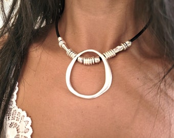 Leather Choker Necklace, Sterling Silver Pendant, Boho Style