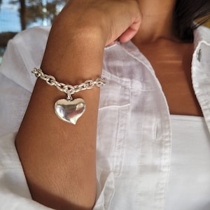 Silver Chunky Bracelet,Chain Heart Silver Bracelet,Uno de 50 Style Bracelet,Stack Chain Bracelet for Women,Bangle Chunky Chain Link Bracelet