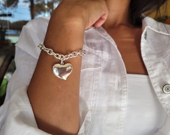Zilveren dikke armband, ketting hart zilveren armband, Uno de 50 stijl armband, stapel ketting armband voor vrouwen, Bangle dikke ketting schakelarmband