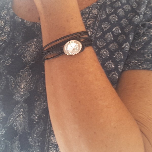 Leather Bracelet Swarovski Bead,Wrap Bracelet Boho Bracelet,Uno de 50 Style Bracelet,Silver Bracelet,Women Bracelet