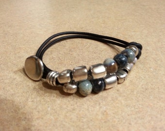 Leather Boho Bracelet, Silver Plated Beads, Button Clasp Bangle