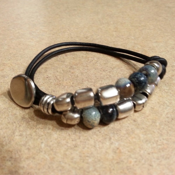 Leather Boho Bracelet, Silver Plated Beads, Button Clasp Bangle