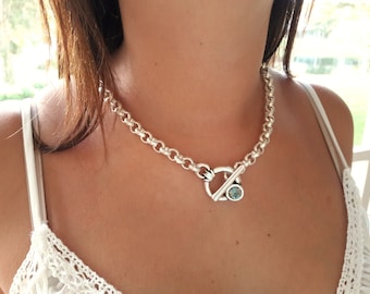 Sterling Silver Plated Chunky Necklace Rolo Chain Swarovski Crystal Choker Women Gift