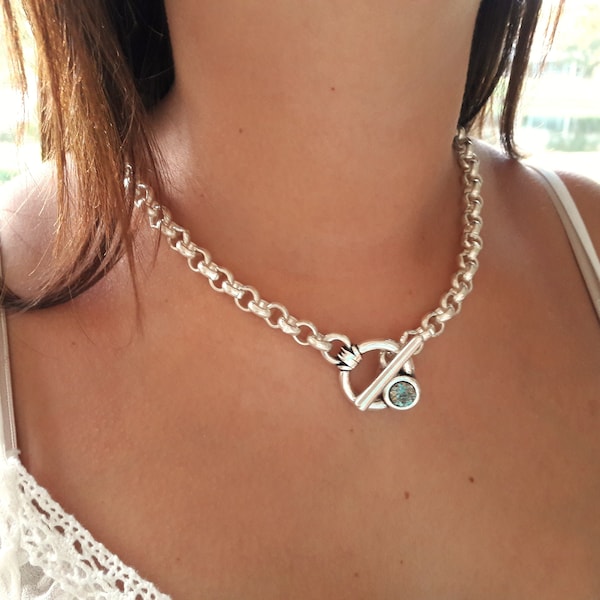 Sterling Silver Plated Chunky Necklace Rolo Chain Swarovski Crystal Choker Women Gift