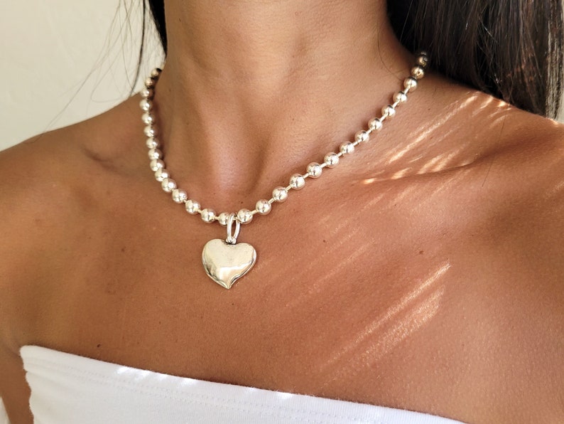 Chain Necklace,Silver Chunky Ball Necklace,Heart Necklace Uno de 50 Style Necklace,Chunky Chain Choker,Boho Necklace Women Gift image 3