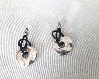 Sterling Silver Leather Earrings, Boho Tribal Pendants