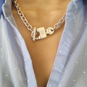 Chain Necklace,Silver Lock Toggle Clasp Chunky Necklace,Lock and Key Chunky Chain Choker,Boho Necklace Gift Women