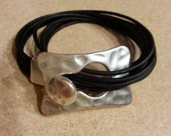 Black Leather Wrap Bracelet, Silver Plated Clasp, Boho Style