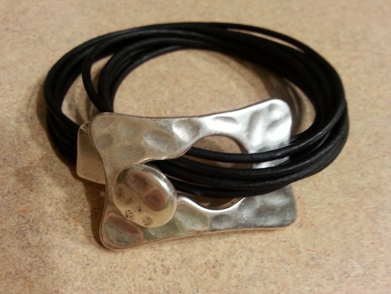 Black Leather Wrap Bracelet, Silver Plated Clasp, Boho Style