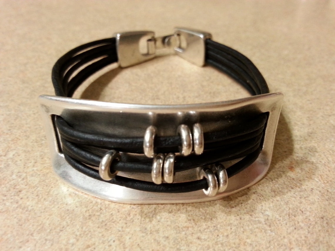 Black Leather Cuff Bracelet Zamak Connector Uno De 50 Style Etsy