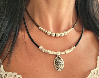 Leather Two Layer Necklace: Sterling Silver Plated Boho Choker