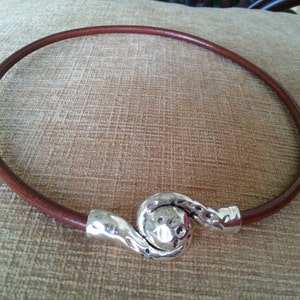 Leather Necklace for Women, Silver Plated Overlap Magnetic Clasp, Leather Cord, Bangle, Antique Silver Necklace