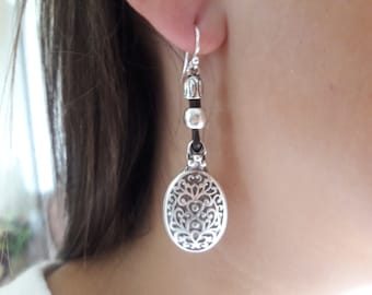 Boho Leather Drop Earrings, Sterling Silver Hook, Filigree Pendant
