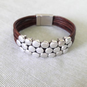 Leather Bracelet Zamak Sterling Silver Plated, Women Beads Leather Bangle, Magnetic Clasp, Beaded Sliders Silver Plated
