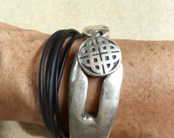 Leather Wrap Bracelet, Sterling Silver Celtic Knot Clasp