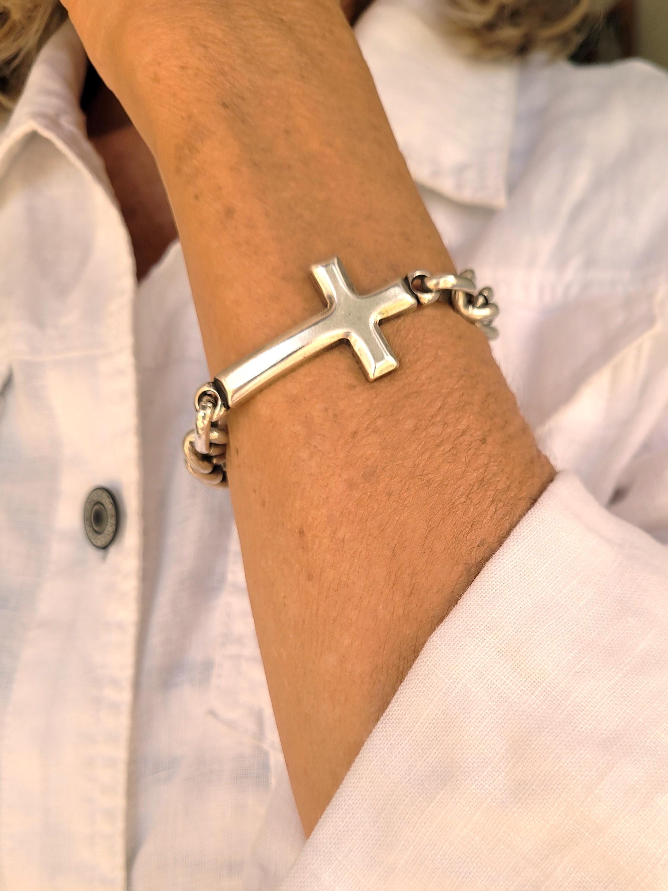 シルバーチャンキークロスブレスレット、マットシルバーチェーン