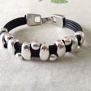 Beaded Leather Bracelet, Beads Zamak Snap Clasp, Silver Plated Leather Bangle, Women Bracelet