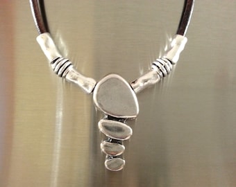 Leather Pendant Necklace, Sterling Silver Plated Boho Necklace