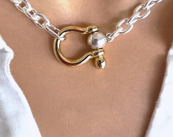 Gold Silver Plated Chunky Horseshoe Two-Tone Mixed Metal Chain Choker Necklace Women Gift